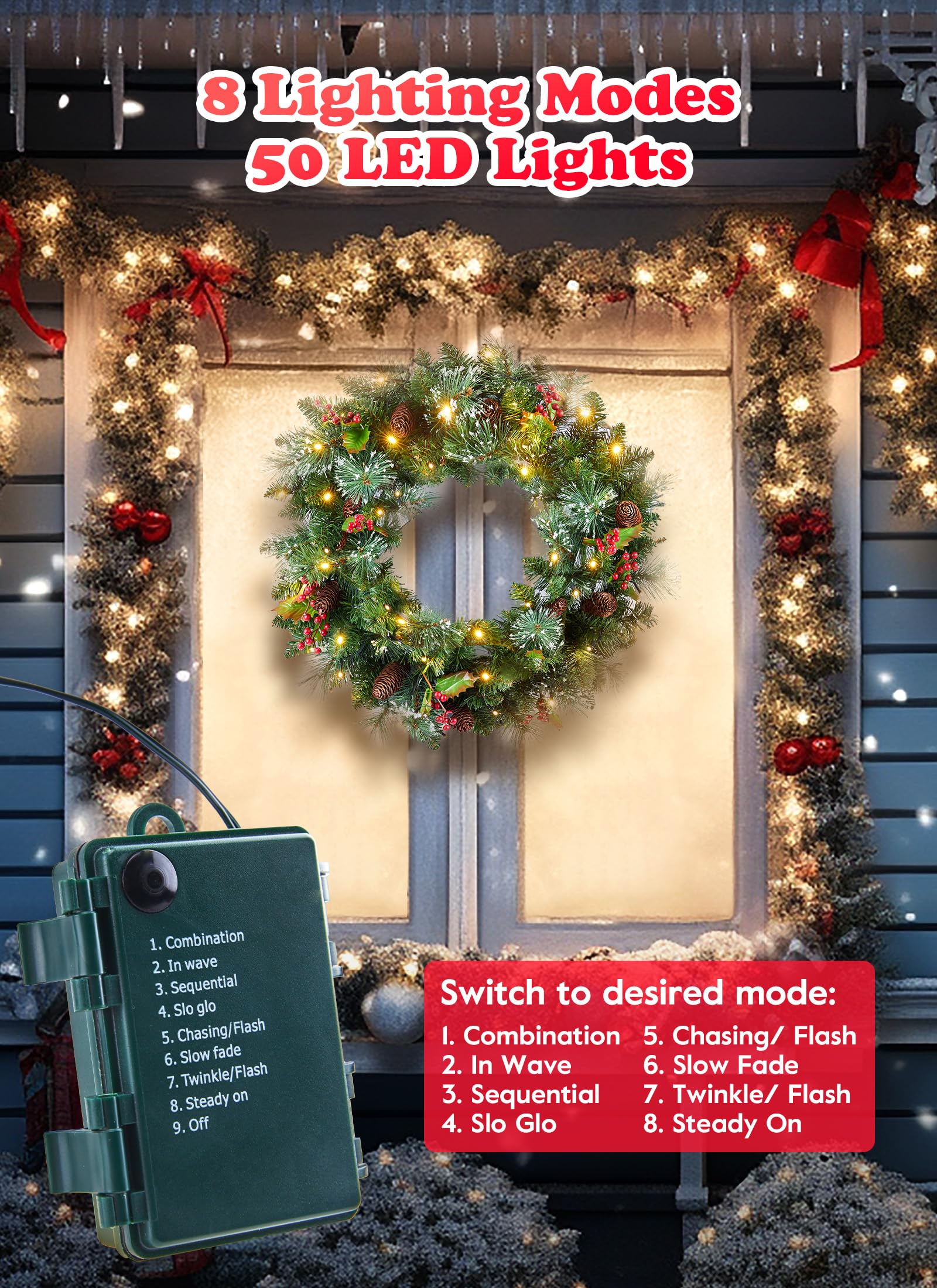 Amazon.co.jp: 24インチのライト付き人工クリスマスリース、ライト付き